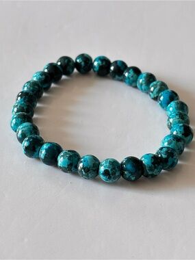 Aqua blue stretch bracelet with copper chrysocolla, size 7.6 mm
